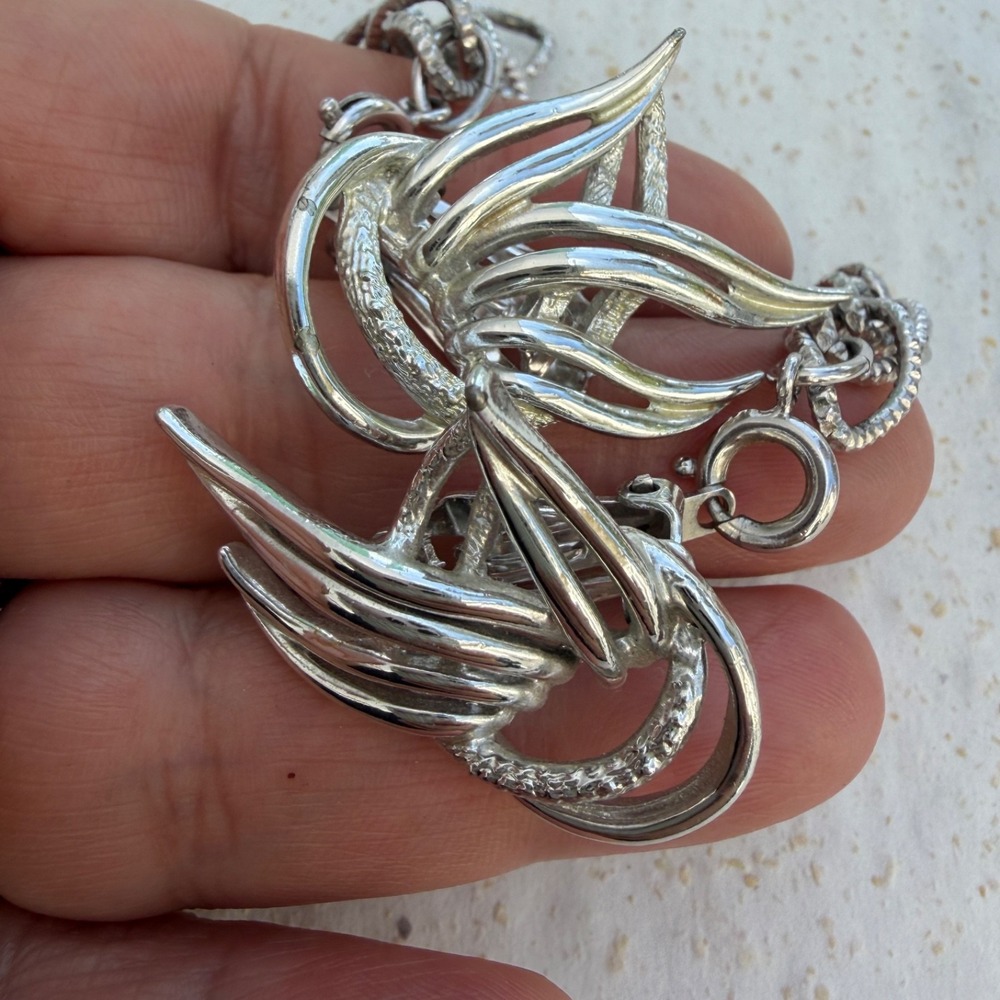 VTG Emmons Silver Tone Feather Leaf Link Clip Earrings & Bracelet Or Dress Clip